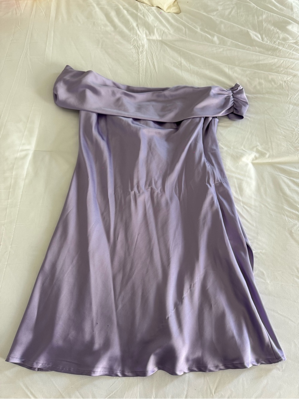 Beginning Boutique Lilac Off-Shoulder Satin Mini Dress